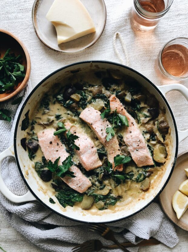 Creamy Potatoes with Salmon and Spinach / Bev Cooks