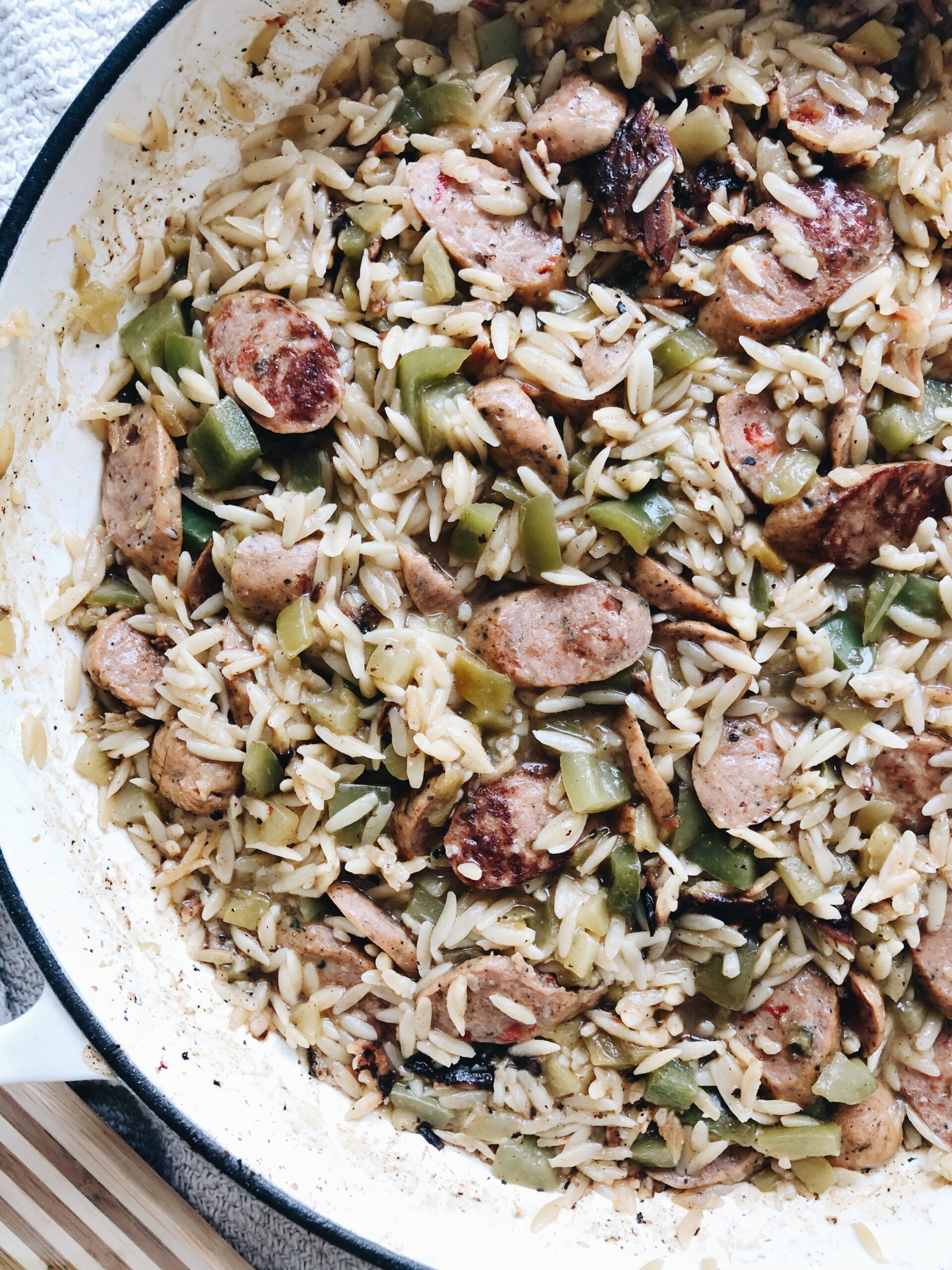 Skillet Tex-Mex Orzo with Jalapeno Chicken Sausages - Bev Cooks