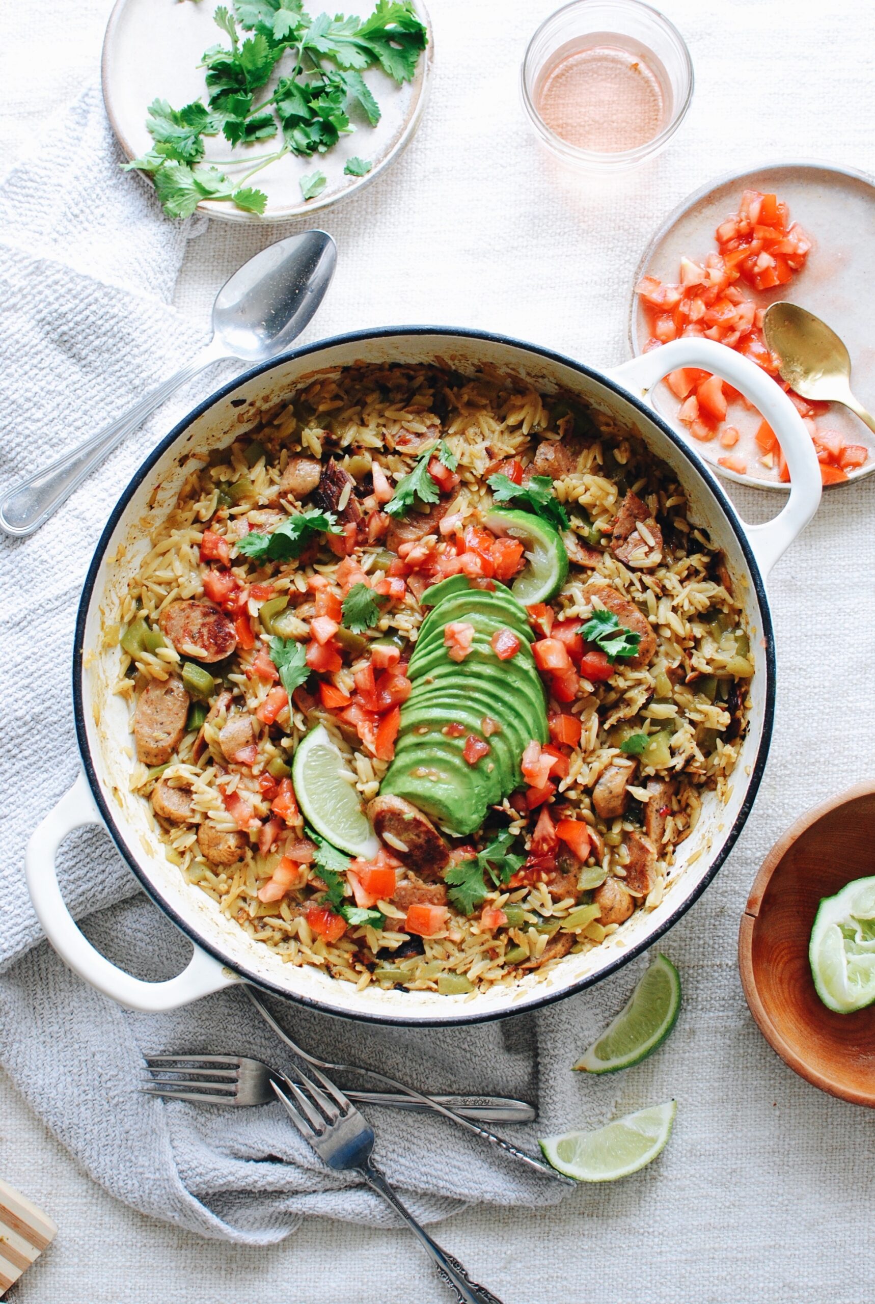 Skillet Tex-Mex Orzo with Jalapeno Chicken Sausages - Bev Cooks