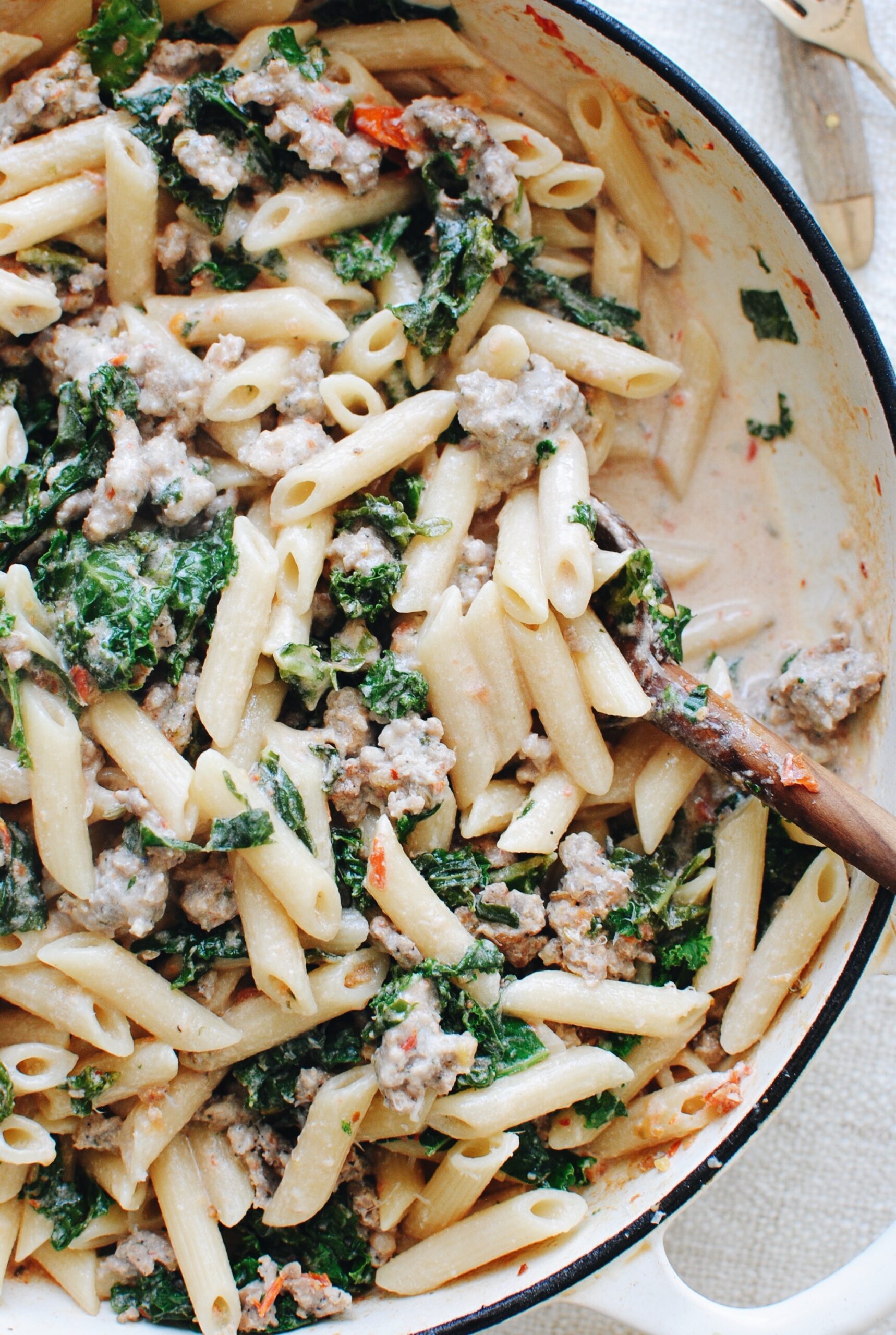 Penne Pasta with Kale & Vegan Italian Sausage – No Sweat Vegan