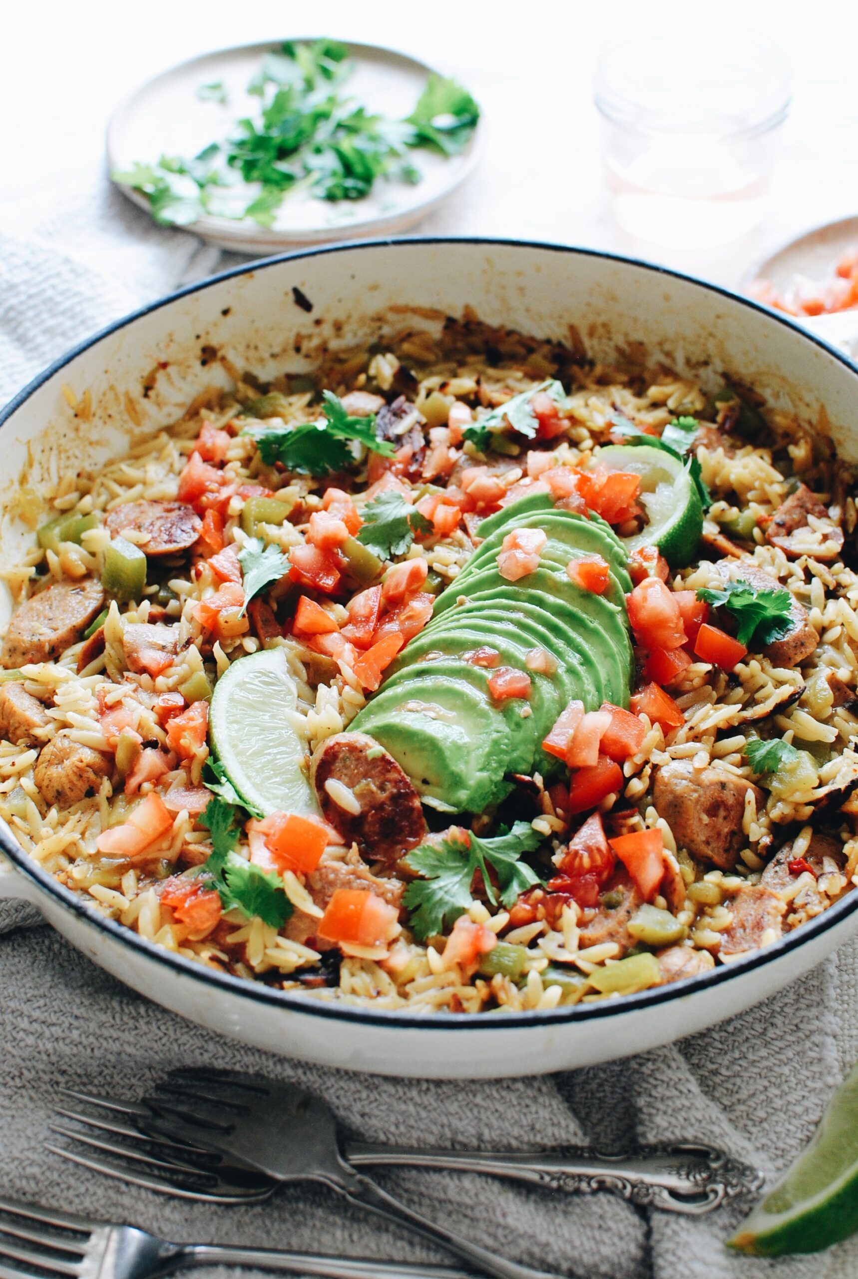 Skillet Tex-Mex Orzo with Jalapeno Chicken Sausages - Bev Cooks