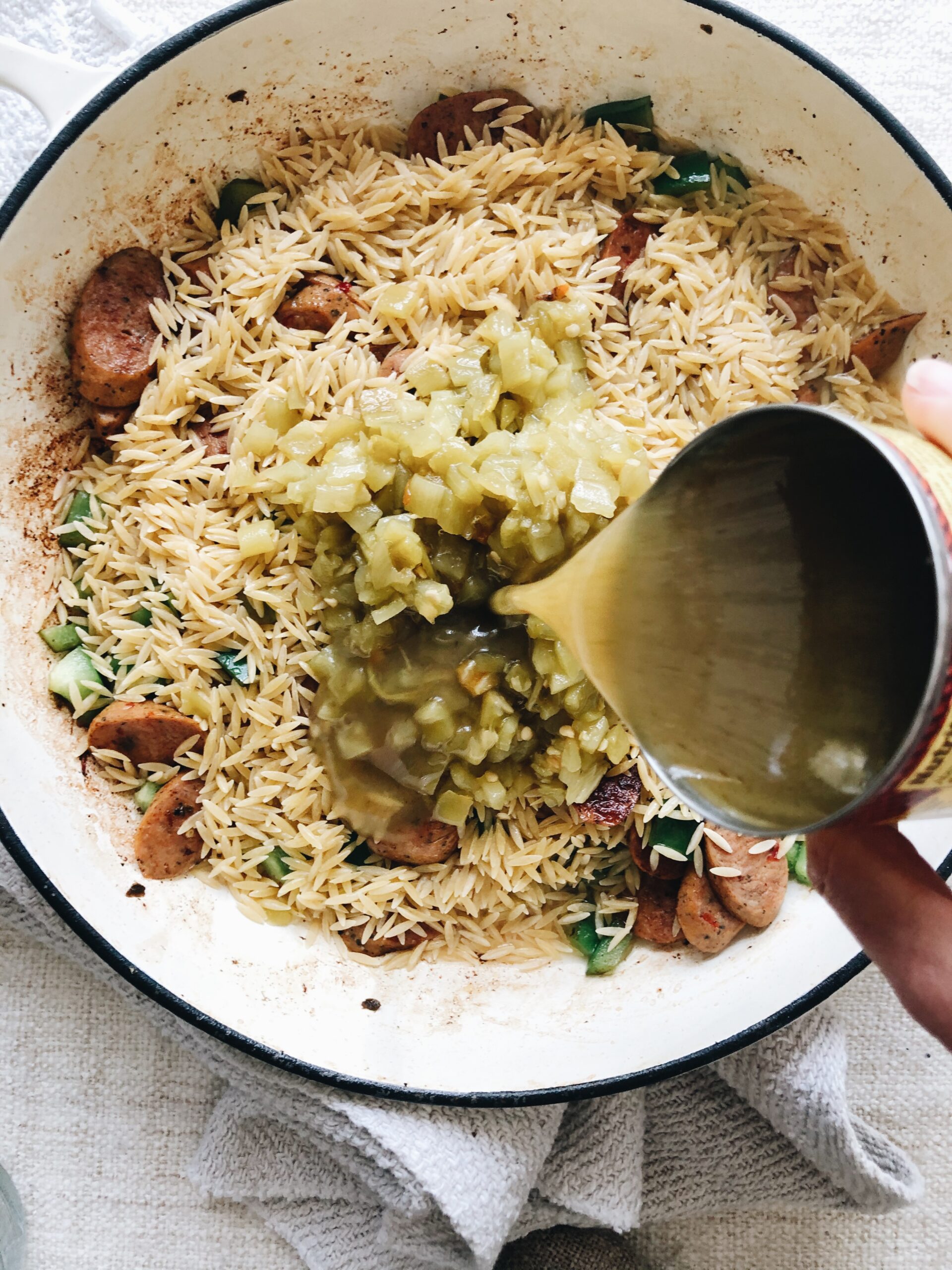 Skillet Tex-Mex Orzo with Jalapeno Chicken Sausages - Bev Cooks