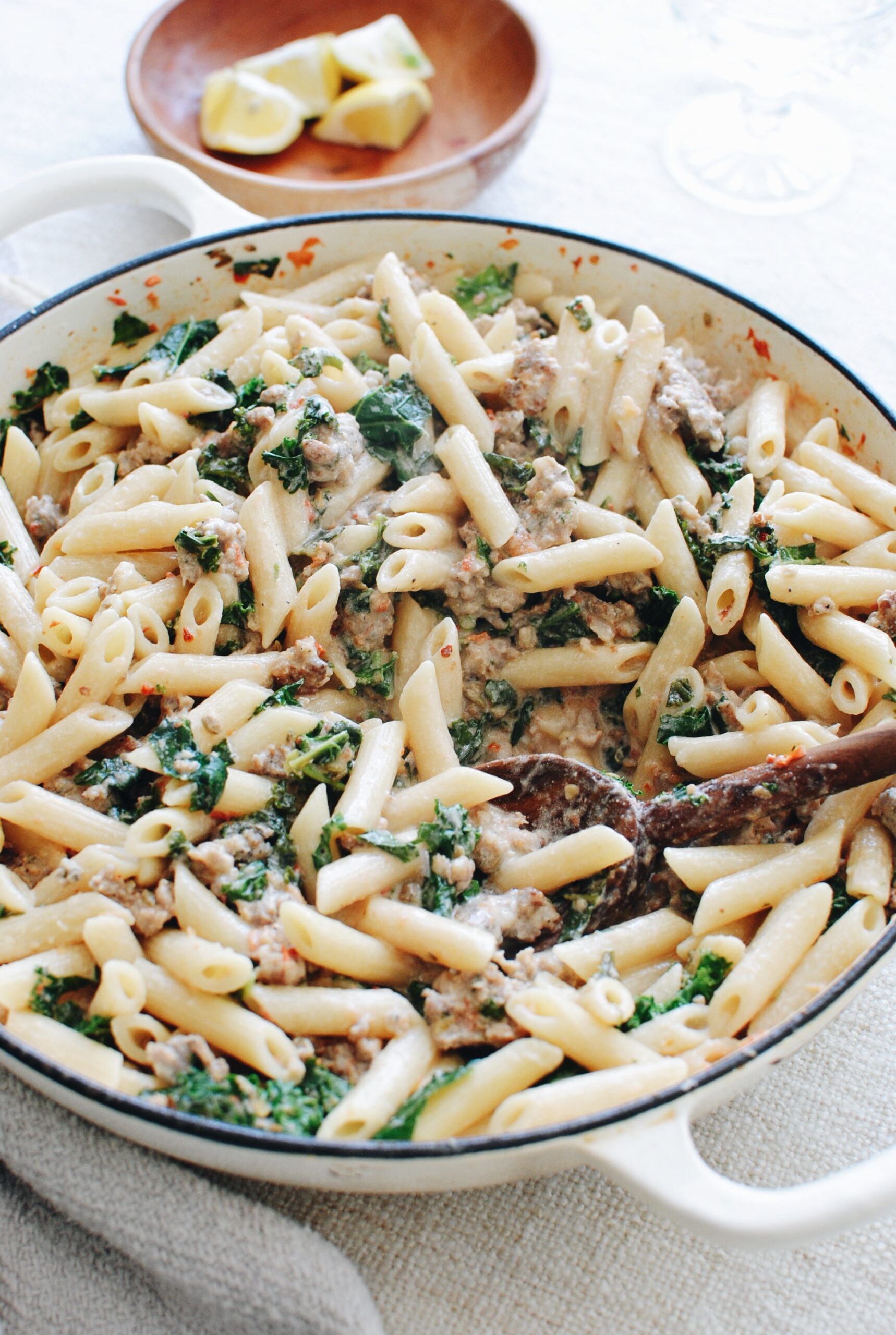 Penne Pasta with Kale & Vegan Italian Sausage – No Sweat Vegan