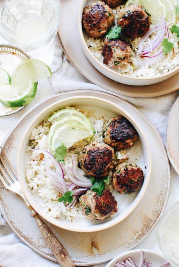 Cilantro Turkey Meatballs with Rice and Lime / Bev Cooks