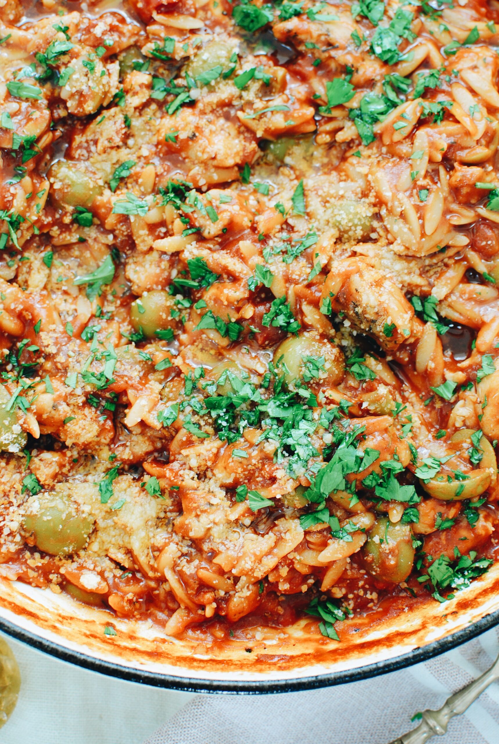 Skillet Tex-Mex Orzo with Jalapeno Chicken Sausages - Bev Cooks