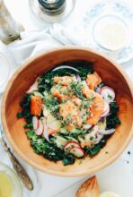 Kale Salad with Smoked Salmon, Radishes and Cucumber / Bev Cooks