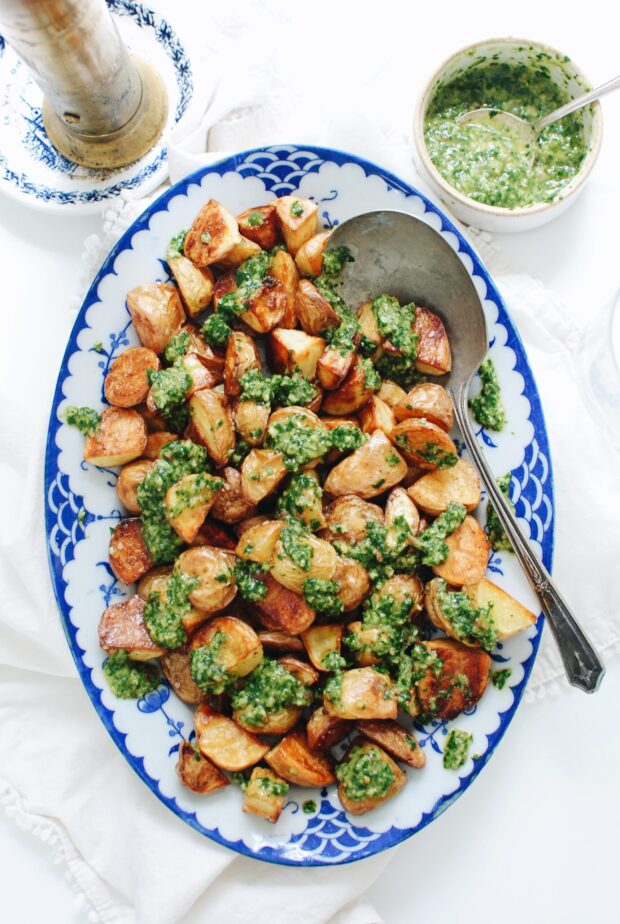Roasted Potatoes with Chimichurri / Bev Cooks