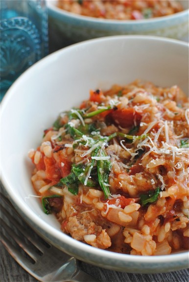 Tomato, Sausage and Spinach Risotto - Bev Cooks