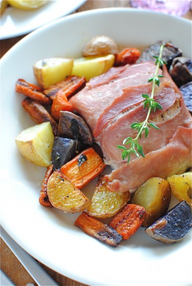 Prosciutto-Wrapped Salmon with Roasted Vegetables - Bev Cooks