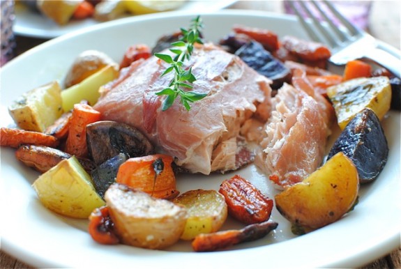 Prosciutto-Wrapped Salmon with Roasted Vegetables - Bev Cooks