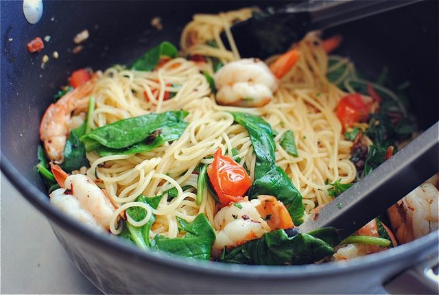 Shrimp Pasta with Tomatoes, Lemon and Spinach | Bev Cooks