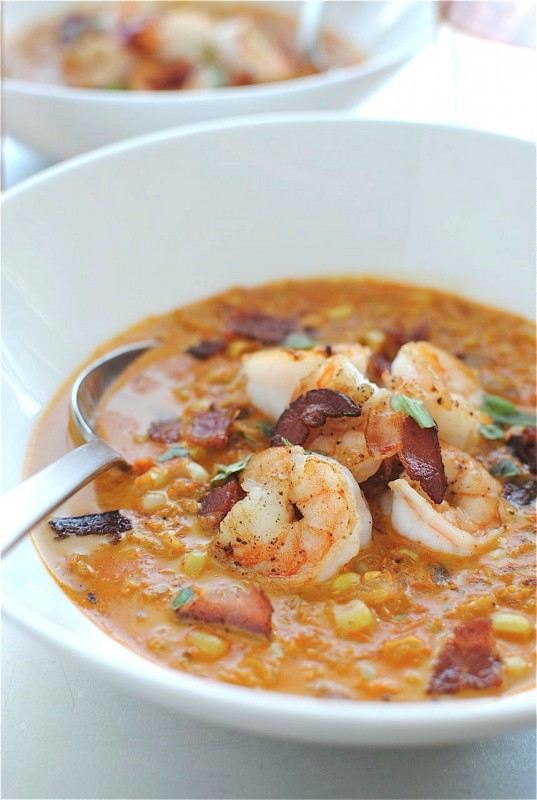 Smoky Corn Chowder with Shrimp / Bev Cooks