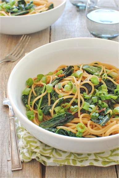 Sesame Noodles with Wilted Garden Greens | Bev Cooks
