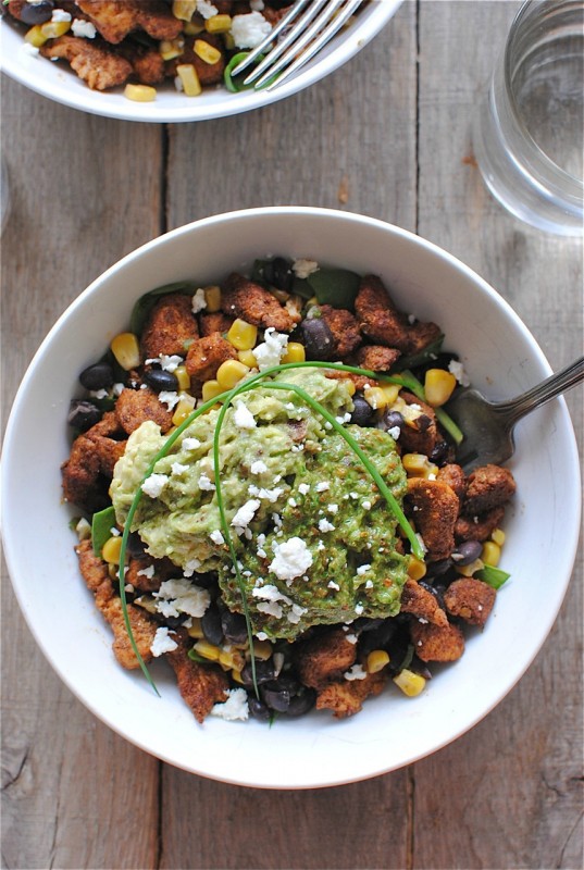 Chicken Burrito Bowls with Bacon Guacamole and Scallion Pesto / Bev Cooks