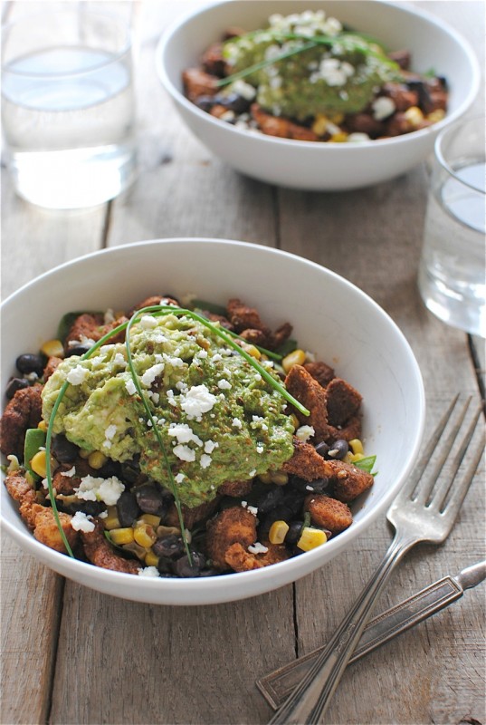 Chicken Burrito Bowls with Bacon Guacamole and Scallion Pesto / Bev Cooks