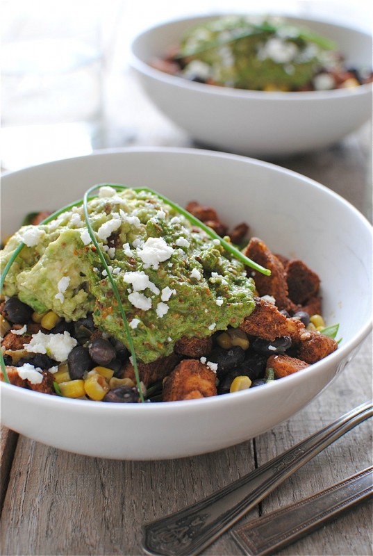 Chicken Burrito Bowls with Bacon Guacamole and Scallion Pesto / Bev Cooks