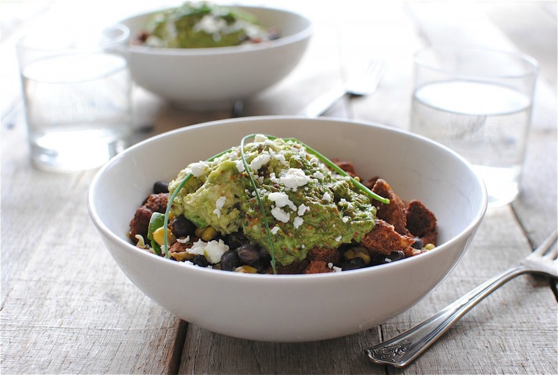 Chicken Burrito Bowls with Bacon Guacamole and Scallion Pesto / Bev Cooks