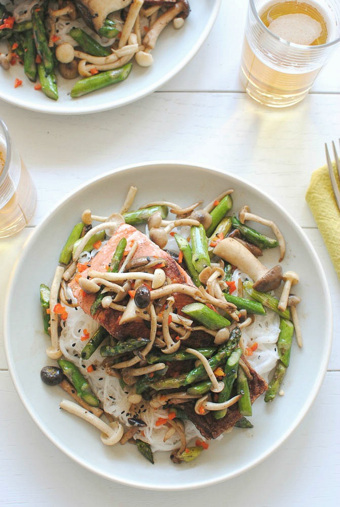 Seared Salmon with Mushrooms and Asparagus over Coconut Noodles - Bev Cooks
