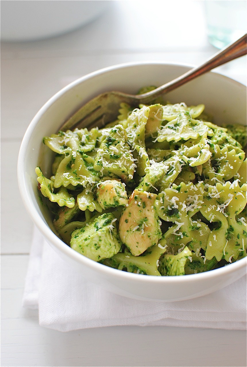 Farfalle Pasta with Chicken and Spinach Pesto - Bev Cooks