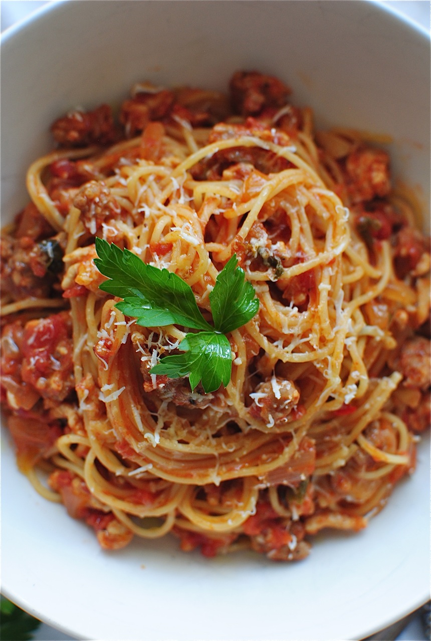 Angel Hair with a Tomato Meat Sauce - Bev Cooks