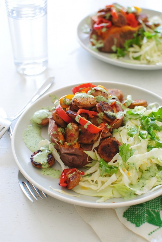 Baked Sweet Potatoes with Chicken Sausages, Peppers and a Cilantro Sauce