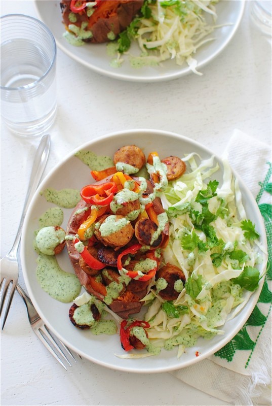 Baked Sweet Potatoes with Chicken Sausages, Peppers and a Cilantro Sauce