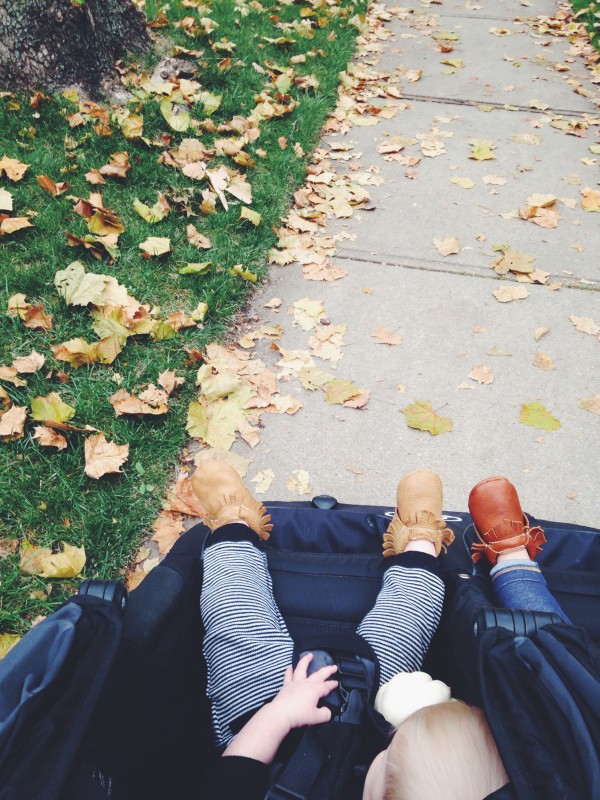 Moccasins in a stroller on an Autumn day