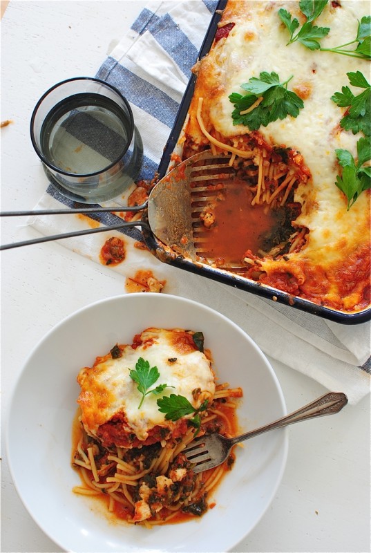 One Pan Chicken Spaghetti Bake / Bev Cooks