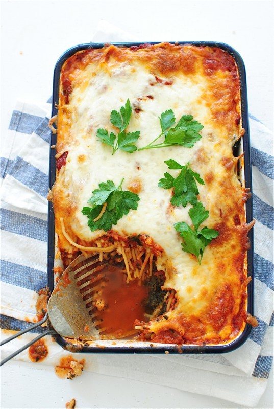 One Pan Chicken Spaghetti Bake / Bev Cooks