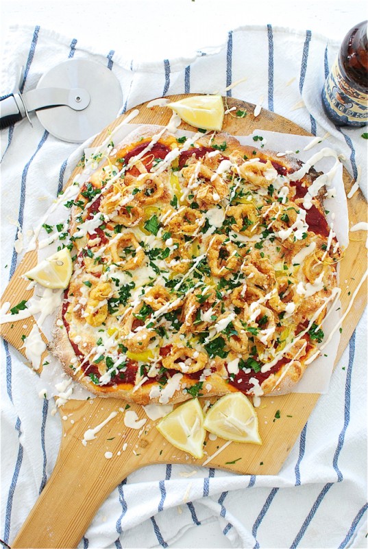 Beer-Battered Fried Calamari Pizza / Bev Cooks