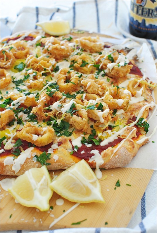 Beer-Battered Fried Calamari Pizza / Bev Cooks