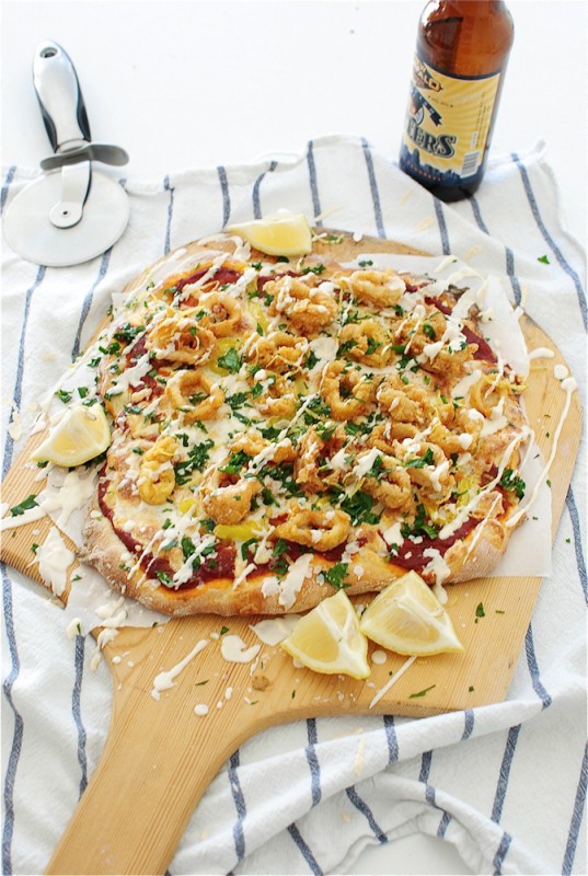 Beer-Battered Fried Calamari Pizza / Bev Cooks