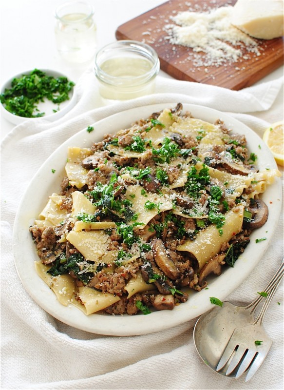 Broken Pasta with Kale, Mushrooms and Sausage / Bev Cooks