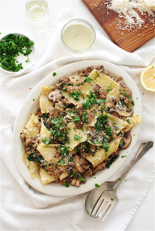 Broken Pasta with Kale, Mushrooms and Sausage / Bev Cooks