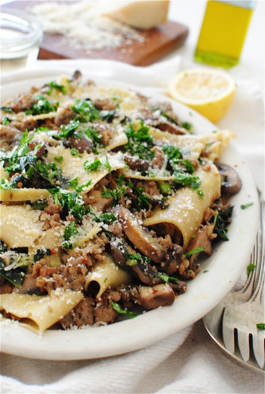 Broken Pasta with Kale, Mushrooms and Sausage / Bev Cooks