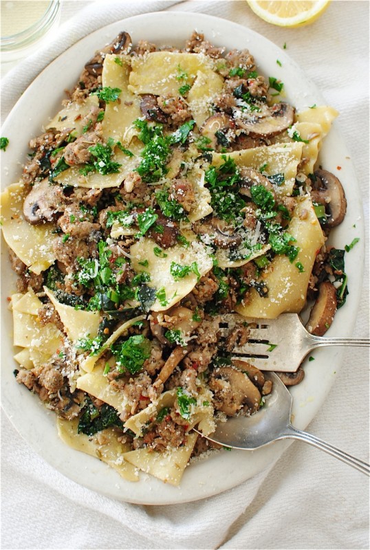 Broken Pasta with Kale, Mushrooms and Sausage / Bev Cooks