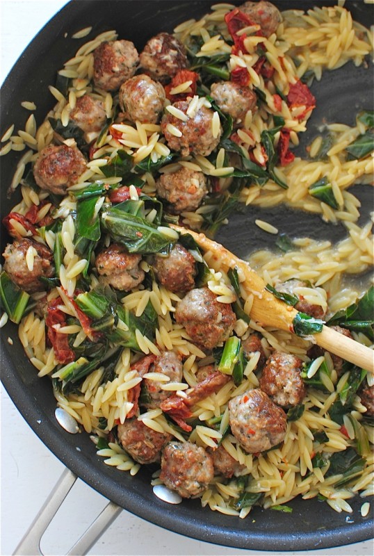 Orzo with Collard Greens, Sausage Meatballs and Sundried Tomatoes / Bev Cooks