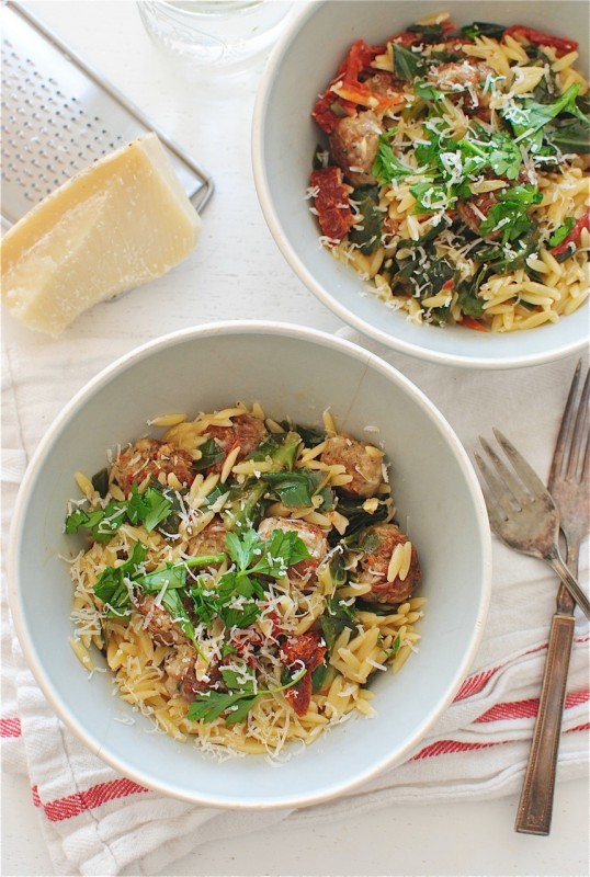 Orzo with Collard Greens, Sausage Meatballs and Sundried Tomatoes / Bev Cooks
