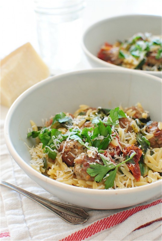 Orzo with Collard Greens, Sausage Meatballs and Sundried Tomatoes / Bev Cooks