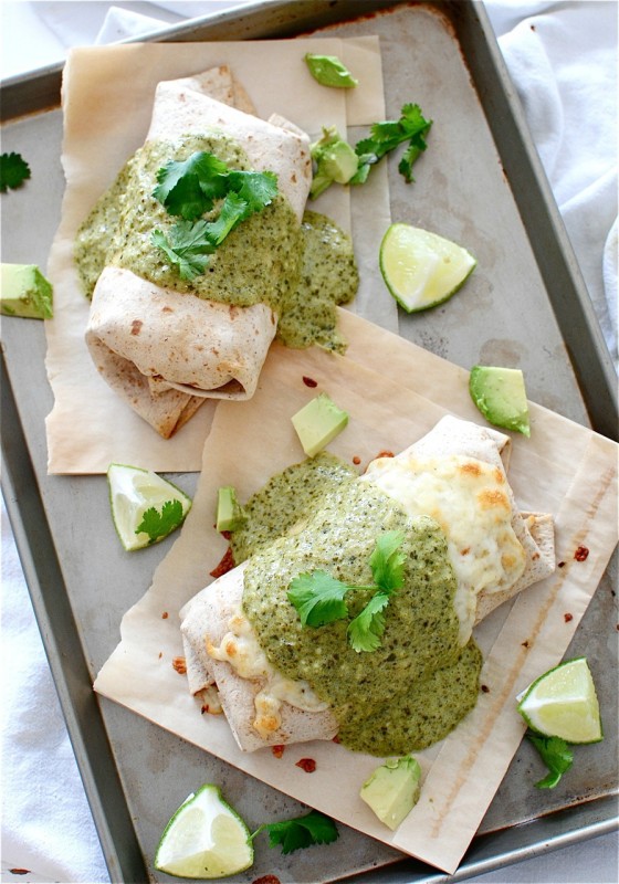 Baked Chicken and Avocado Burritos with a Creamy Roasted Poblano Sauce / Bev Cooks