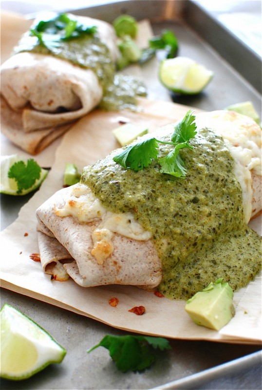 Baked Chicken and Avocado Burritos with a Creamy Roasted Poblano Sauce / Bev Cooks