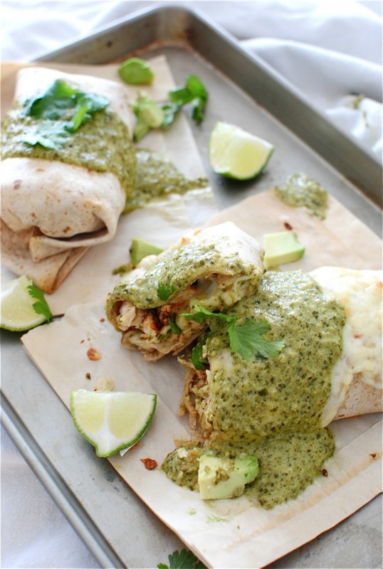 Baked Chicken and Avocado Burritos with a Creamy Roasted Poblano Sauce / Bev Cooks