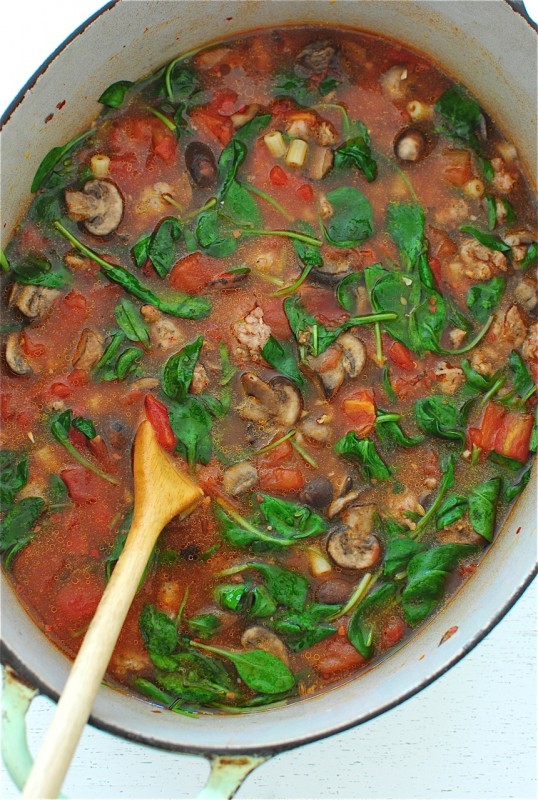 Rustic Tomato and Italian Sausage Soup / Bev Cooks