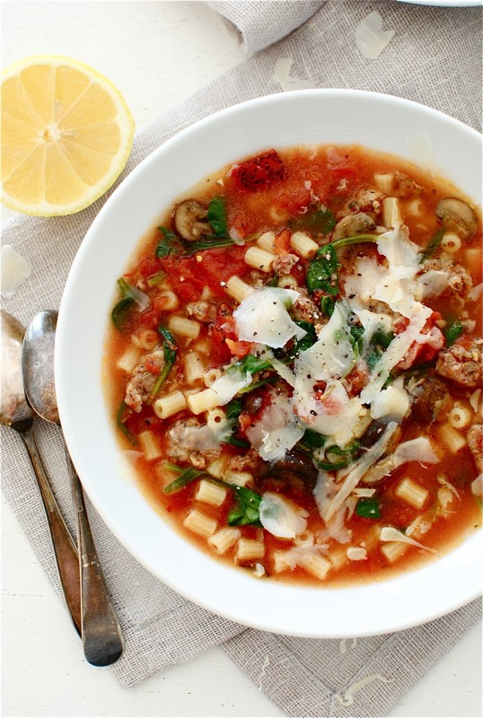 Rustic Tomato and Italian Sausage Soup / Bev Cooks