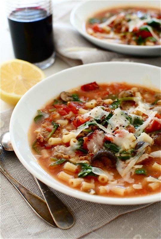 Rustic Tomato and Italian Sausage Soup / Bev Cooks