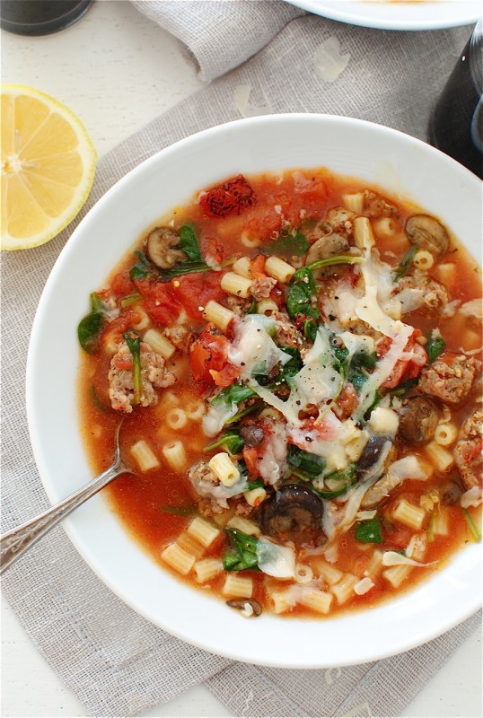 Rustic Tomato and Italian Sausage Soup / Bev Cooks