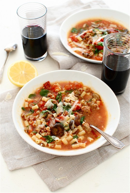 Rustic Tomato and Italian Sausage Soup / Bev Cooks