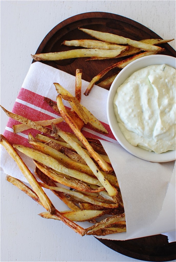 Baked French Fries with a Roasted Garlic Parmesan Dipping Sauce / Bev Cooks