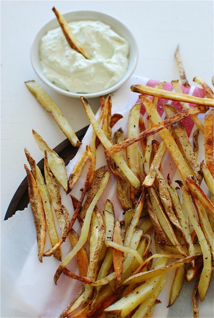 Baked French Fries with a Roasted Garlic Parmesan Dipping Sauce / Bev Cooks