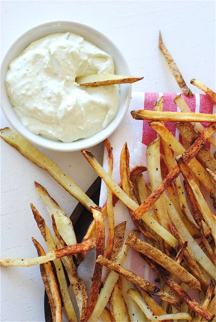 Baked French Fries with a Roasted Garlic Parmesan Dipping Sauce / Bev Cooks